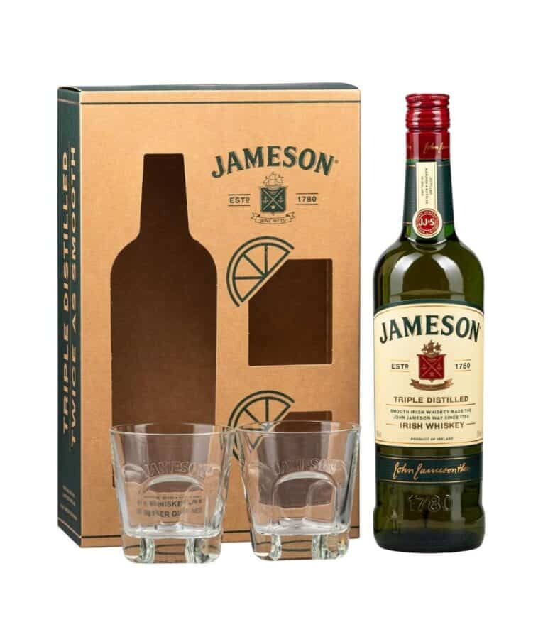 Sticlă de whiskey Jameson 40% 0.7L cu 2 pahare, cadou perfect pentru iubitorii de băuturi alcoolice.