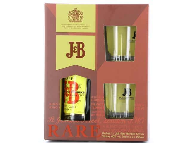 J&B 700ml și 2 pahare SGR, set de băuturi alcoolice și accesorii pentru consum.