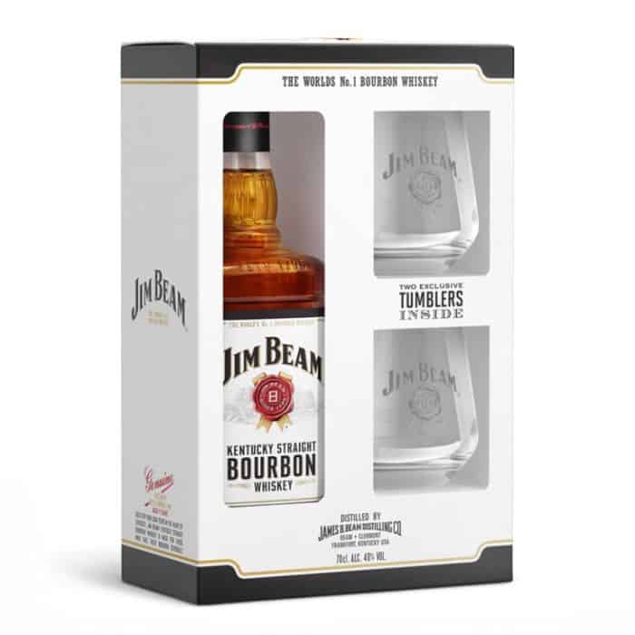 Jim Beam White 700ml + 2 pahare SGR, set whisky bourbon și pahare elegante pentru degustare.