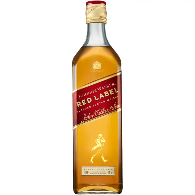 Johnnie Walker Red Label 1L - Whisky blended scotch, amb etichetă și design distinctiv.