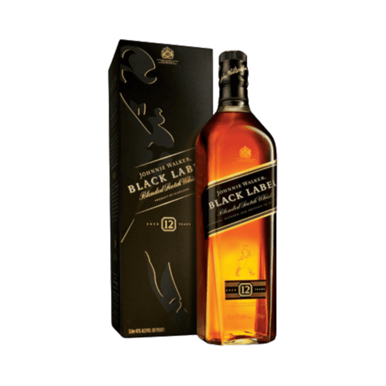 Bottles de whisky Johnnie Walker Black Label 1L, ambalaj elegant negru și auriu.