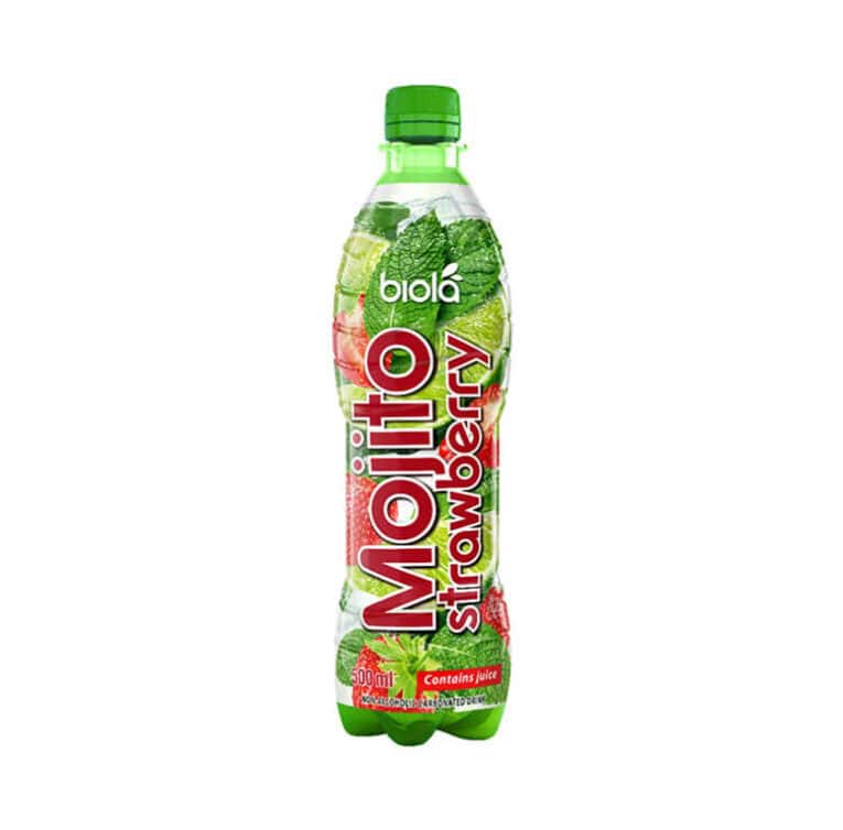 Bautură răcoritoare Biola Mojito Strawberry 0.5L, pachet de 12 sticle.