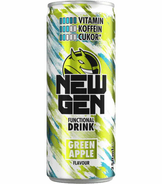 VITAMIN, COFEIN, ZAHAR – Băutură funcțională New Gen Green Apple, 250ml, energizant natural.