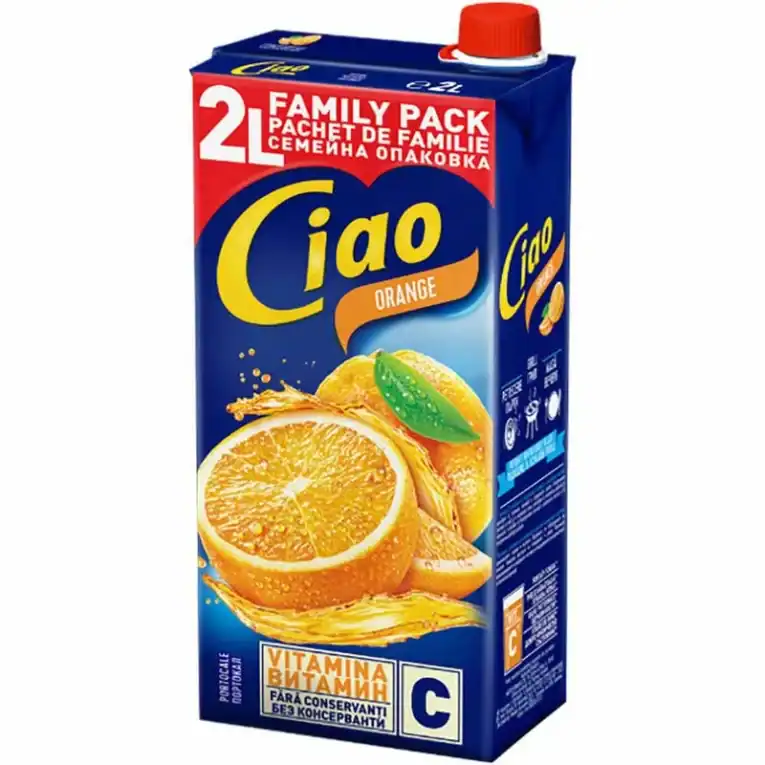 Bautură cu portocale Ciao, 2L, pachet familial, bogată în vitamina C și fără conservanți.